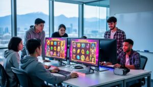 Diverse students working at computers in a Canadian university lab, reviewing colorful casino game artwork on monitors, with soft daylight and a blurred city skyline visible through glass walls.