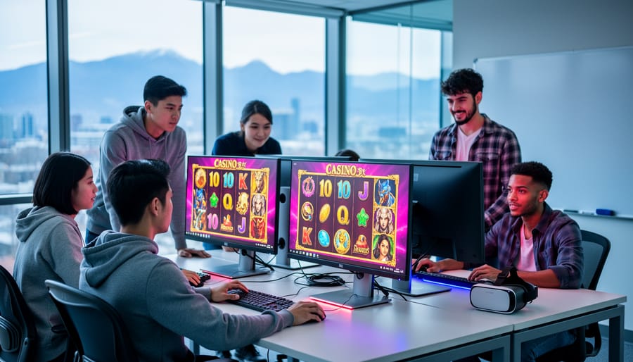 Diverse students working at computers in a Canadian university lab, reviewing colorful casino game artwork on monitors, with soft daylight and a blurred city skyline visible through glass walls.