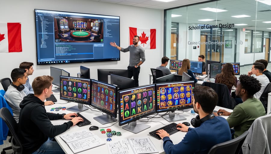 Modern Canadian university campus building with students on pathway