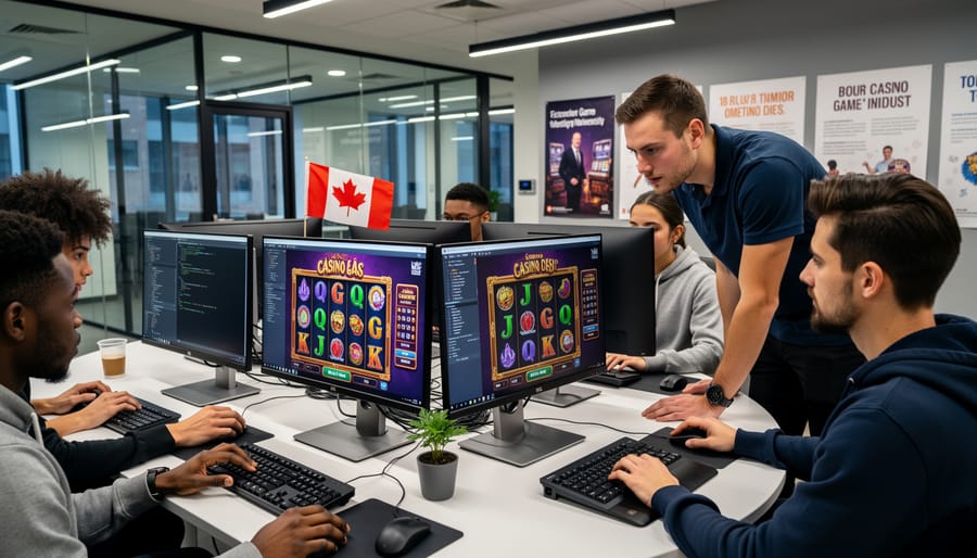 Diverse students collaborating on game design projects at computer workstations in modern classroom