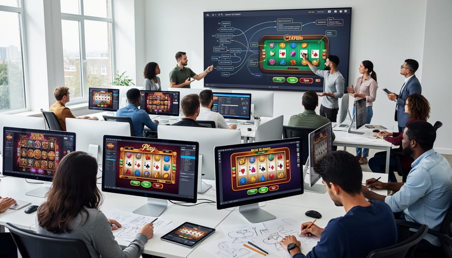 Designer's hands using digital stylus on tablet to create casino game interface elements