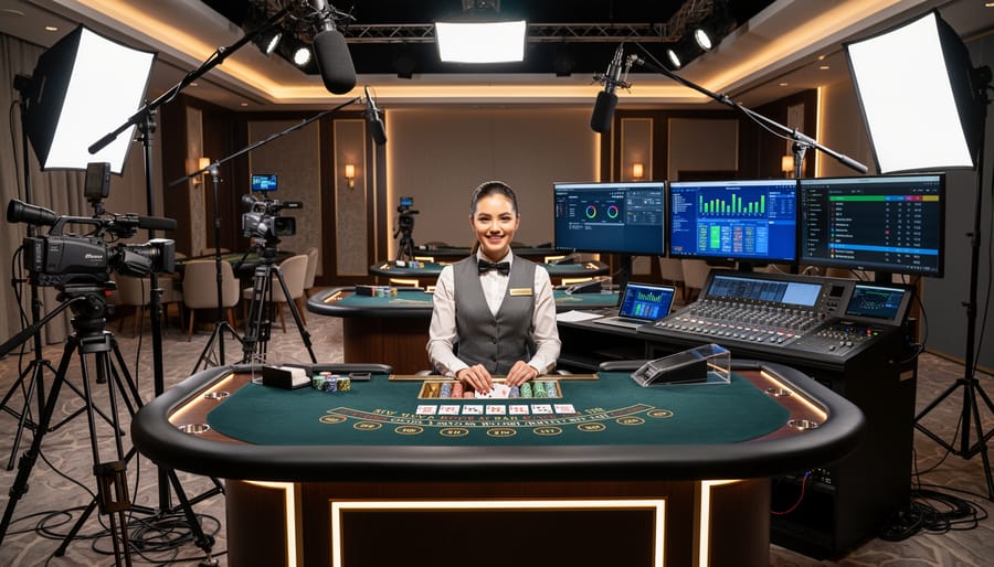 Professional live casino studio setup with cameras, gaming table, and broadcast lighting equipment