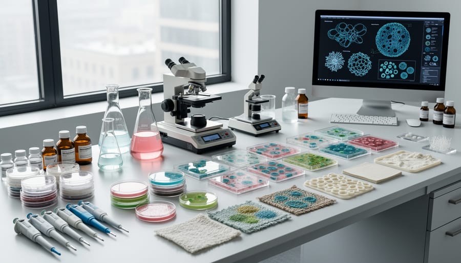 Gloved hands holding lab vials next to translucent biomaterial samples on a stainless workbench in an art-design lab.