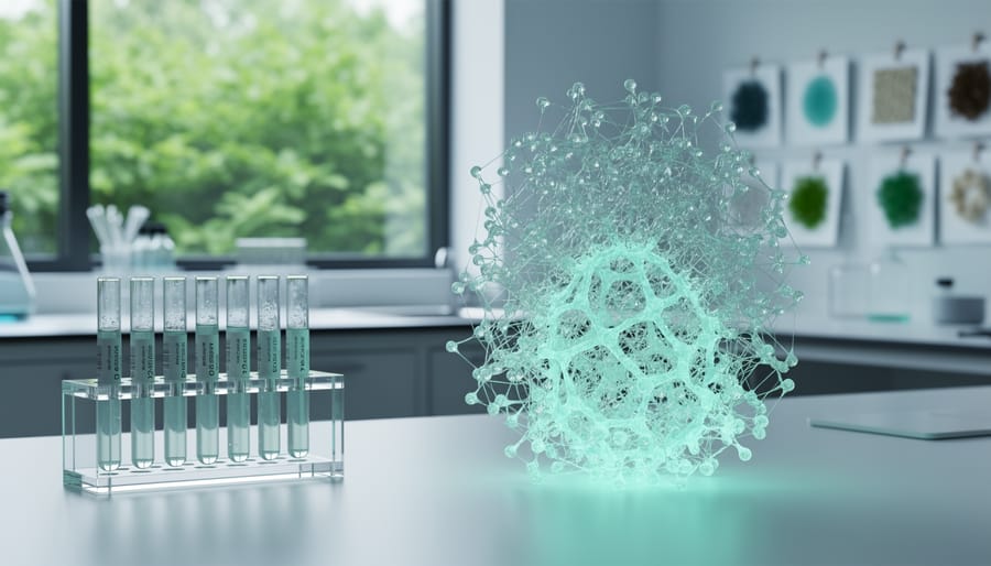 A glowing biodesign sculpture made from translucent gel-like material on a lab workbench with unlabeled vials and a pipette rack in the background.
