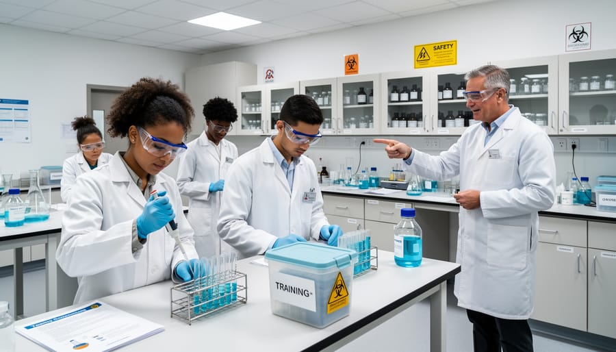 Student in a lab coat standing in a university research room near a safety cabinet and sealed reagent bottles.